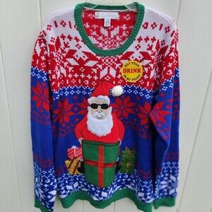 Men's Ugly Christmas Sweater Size XL Jolly Santa Sunglasses Drink Pouch S…